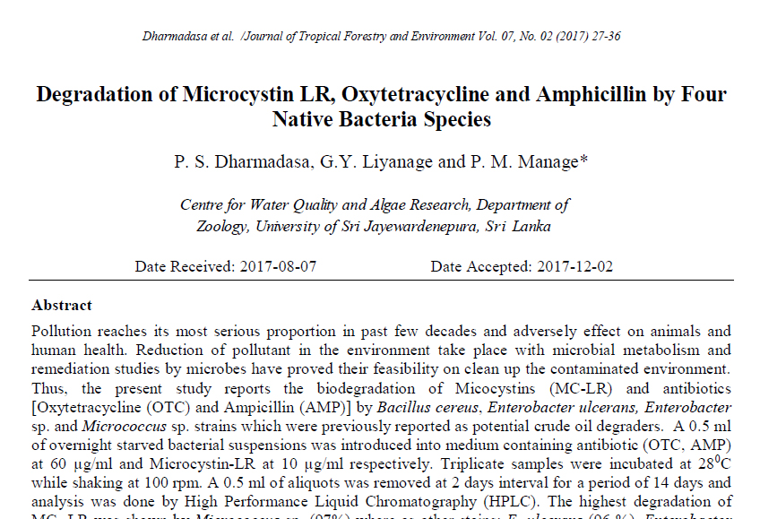 Degradation of Microcystin LR, Oxytetracycline and Amphicillin by Four ...
